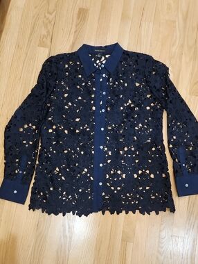 Banana Republic Navy Crochet Button-Down Blouse